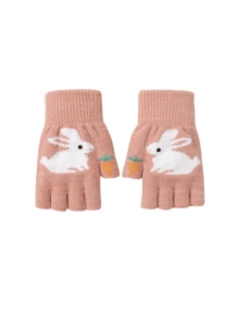 1 双多色兔子图案针织厚实温暖柔软轻盈可爱甜美休闲时尚无指手套，适合女性秋冬季日常穿着 - A - 查看 2