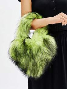 1 件秋冬新款复古哥特式人造毛皮心形贝壳包，Y2K 千禧风格毛绒手提包，单肩包，情人节礼物 - 綠色 - 查看 3