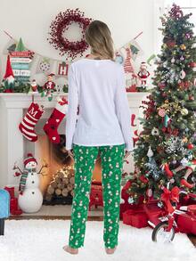 2 件圣诞家庭睡衣套装，可爱雪人印花长袖上衣和裤子，舒适假日休闲服 - 白色 - 查看 2