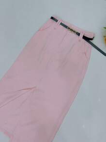 Midi Skirt With Belt High Waist Slit - Baby Pink - View 4