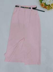 Midi Skirt With Belt High Waist Slit - Baby Pink - View 2