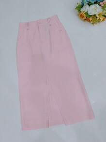 Midi Skirt With Belt High Waist Slit - Baby Pink - View 3