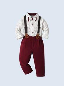 BOARNSEORL 2 件套年轻男孩绅士装 - 长袖衬衫配领结和吊带裤，时尚有型，适合圣诞派对、新年联欢会、婚礼、迎婴派对 - 紅色 - 查看 4