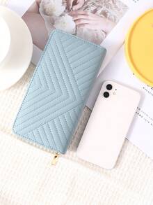 Túi xách nữ da trơn kẻ sọc khóa kéo đơn giản lót PU khóa kéo kim loại Ví cầm tay nữ Quà tặng sinh nhật Giáng sinh Quà tặng Lễ Tạ ơn cho phụ nữ Ví Ví dài - Màu xanh nhạt - Xem 3