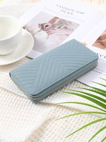 Túi xách nữ da trơn kẻ sọc khóa kéo đơn giản lót PU khóa kéo kim loại Ví cầm tay nữ Quà tặng sinh nhật Giáng sinh Quà tặng Lễ Tạ ơn cho phụ nữ Ví Ví dài - Màu xanh nhạt - Xem 7