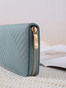 Túi xách nữ da trơn kẻ sọc khóa kéo đơn giản lót PU khóa kéo kim loại Ví cầm tay nữ Quà tặng sinh nhật Giáng sinh Quà tặng Lễ Tạ ơn cho phụ nữ Ví Ví dài - Màu xanh nhạt - Xem 5