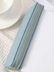 Túi xách nữ da trơn kẻ sọc khóa kéo đơn giản lót PU khóa kéo kim loại Ví cầm tay nữ Quà tặng sinh nhật Giáng sinh Quà tặng Lễ Tạ ơn cho phụ nữ Ví Ví dài - Màu xanh nhạt - Xem 6