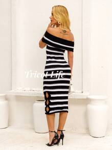 Women's Party Midi Dress Striped Strapless Knit Dress Side Slits Elegant Pregnant Wedding Gender Reveal Party - màu đen - Xem 2