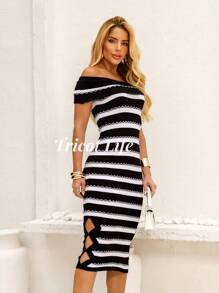 Women's Party Midi Dress Striped Strapless Knit Dress Side Slits Elegant Pregnant Wedding Gender Reveal Party - màu đen - Xem 1