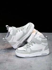 Kid High-Top Leather Skate Shoes, New Style Children's Sports Shoes For Boys And Girls, Hook-And-Loop Outdoor Sneakers