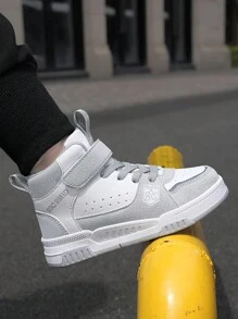 Kid High-Top Leather Skate Shoes, New Style Children's Sports Shoes For Boys And Girls, Hook-And-Loop Outdoor Sneakers