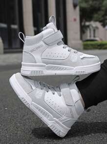 Kid High-Top Leather Skate Shoes, New Style Children's Sports Shoes For Boys And Girls, Hook-And-Loop Outdoor Sneakers