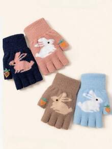 1 双多色兔子图案针织厚实温暖柔软轻盈可爱甜美休闲时尚无指手套，适合女性秋冬季日常穿着 - A - 查看 5