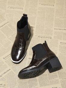 新款时尚优雅女士粗跟乐福鞋，针织仿鳄鱼皮休闲黑色踝靴，适合日常穿着 - 棕色 - 查看 5