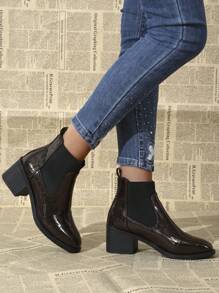 新款时尚优雅女士粗跟乐福鞋，针织仿鳄鱼皮休闲黑色踝靴，适合日常穿着 - 棕色 - 查看 8