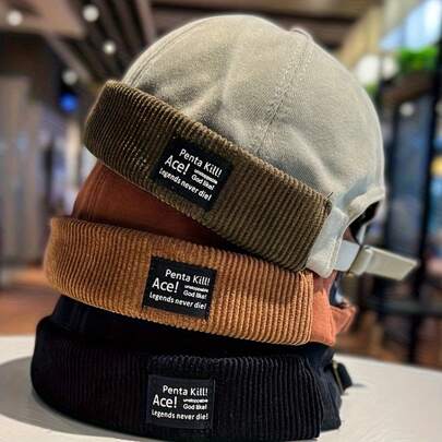 1pc Cord Brim Letter Patch Label Dockworker Cap, Colorblock Unisex Casual No-Brim Hat Winter Fall Winter Outfits