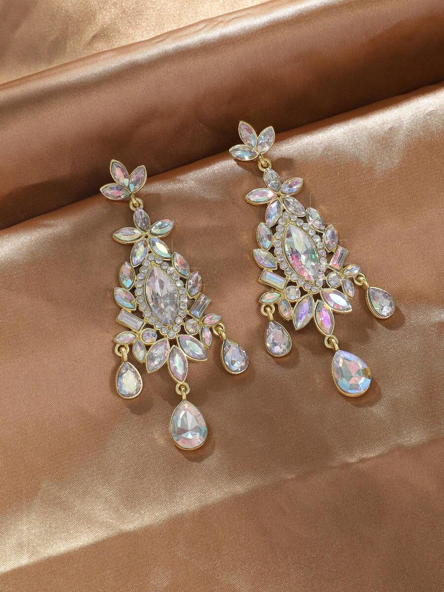 1 Cặp Hoa tai hình giọt nước pha lê thanh lịch và tuyệt đẹp, Hoa tai trang trí bằng đá Rhinestone, Hoa tai mặt dây chuyền hình đèn chùm thích hợp cho phụ nữ đeo, đám cưới, quà tặng, tiệc tùng và các dịp khác - màu AB - Xem 1