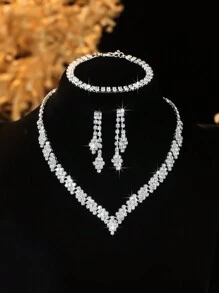 Bộ 4 chiếc/Bộ dây chuyền mặt hình học đính đá Rhinestone hoàn chỉnh, hoa tai, vòng tay Bộ trang sức, Thích hợp cho phụ nữ đi làm hàng ngày, hẹn hò ở trường, đám cưới, tiệc tùng, quà tặng ngày lễ tình nhân Valentine - Bộ dây chuyền tinh tế - Xem 3