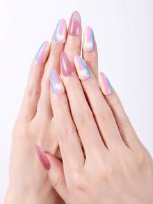 Beauty Sticker 32 miếng dán móng gel bán cứng, miếng dán móng tay bóng màu hồng Love Rainbow tự dính, thích hợp với mọi loại đèn UV, không thấm nước và lâu trôi, thích hợp cho ngày lễ tình nhân của phụ nữ, tự làm miếng dán móng gel - Hồng - Xem 3