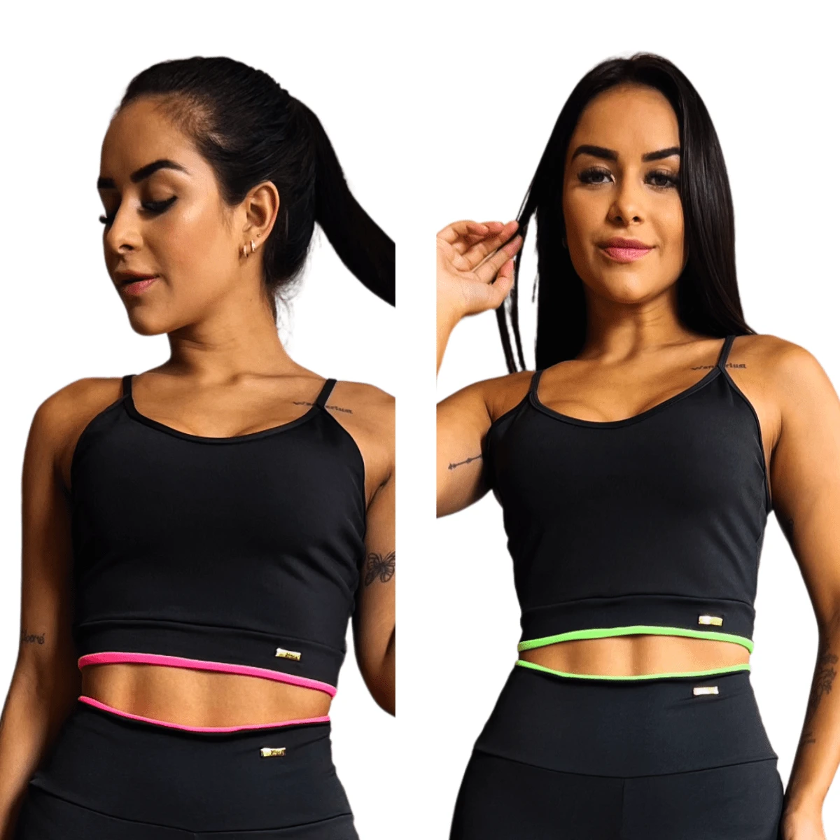 Kit With 2 Plain Strapless Tops For Women's Gymnastics Workout Gym Fitness - Fashion Workout Clothing Crossfit Bodybuilding Sports Topper With Straps For Running Yoga In Suplex With Neon Detail - Màu be - Xem 1