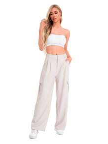 Pantalones De Trabajo De Talle Bajo Y Corte Ajustado Con Múltiples Bolsillos - Blanco - Ver 1