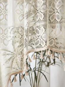1pc Simple Lace Flower Tassel Valance Curtain, Floral Lace Tassel Window Curtain Decor For Kitchen, Living Room, Suitable For Holiday, Party, Birthday, Home Decor