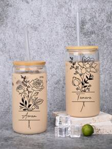 Custom Birth Flowers Cups, Personalized Iced Coffee Cup 16/20oz Glass Cup, Custom Beer Can Glass With Lid And Straw, Glass Can Coffee Cup, Back To School Gift, Birth Flower, To Go Iced Coffee Cup, Birth Flower Cup With Name