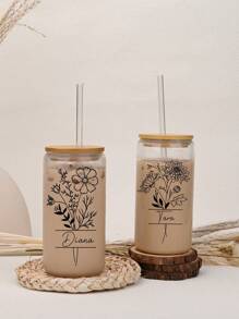 Custom Birth Flowers Cups, Personalized Iced Coffee Cup 16/20oz Glass Cup, Custom Beer Can Glass With Lid And Straw, Glass Can Coffee Cup, Back To School Gift, Birth Flower, To Go Iced Coffee Cup, Birth Flower Cup With Name