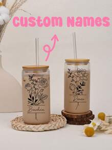 Custom Birth Flowers Cups, Personalized Iced Coffee Cup 16/20oz Glass Cup, Custom Beer Can Glass With Lid And Straw, Glass Can Coffee Cup, Back To School Gift, Birth Flower, To Go Iced Coffee Cup, Birth Flower Cup With Name