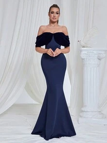 Women's Fitted Off-Shoulder Mermaid Hem Elegant Dress - Navy Blue - View 5