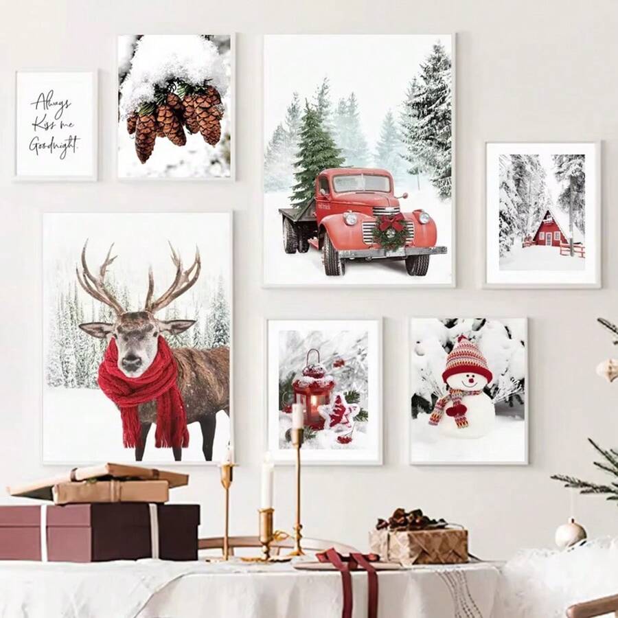 1 pezzo Quadro su tela con paesaggio nevoso invernale, cartellone con Babbo Natale e renne, opera d'arte da parete senza cornice per la decorazione della casa e del soggiorno - multicolore - Visualizzare 1