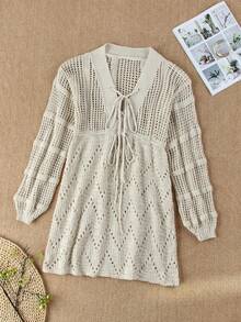 Sexy Deep V-Neck Lace-Up Bell Sleeve Knit Mesh Hollow Out Beach Mini Dress Swimsuit Cover Up Women Summer Casual Tunic