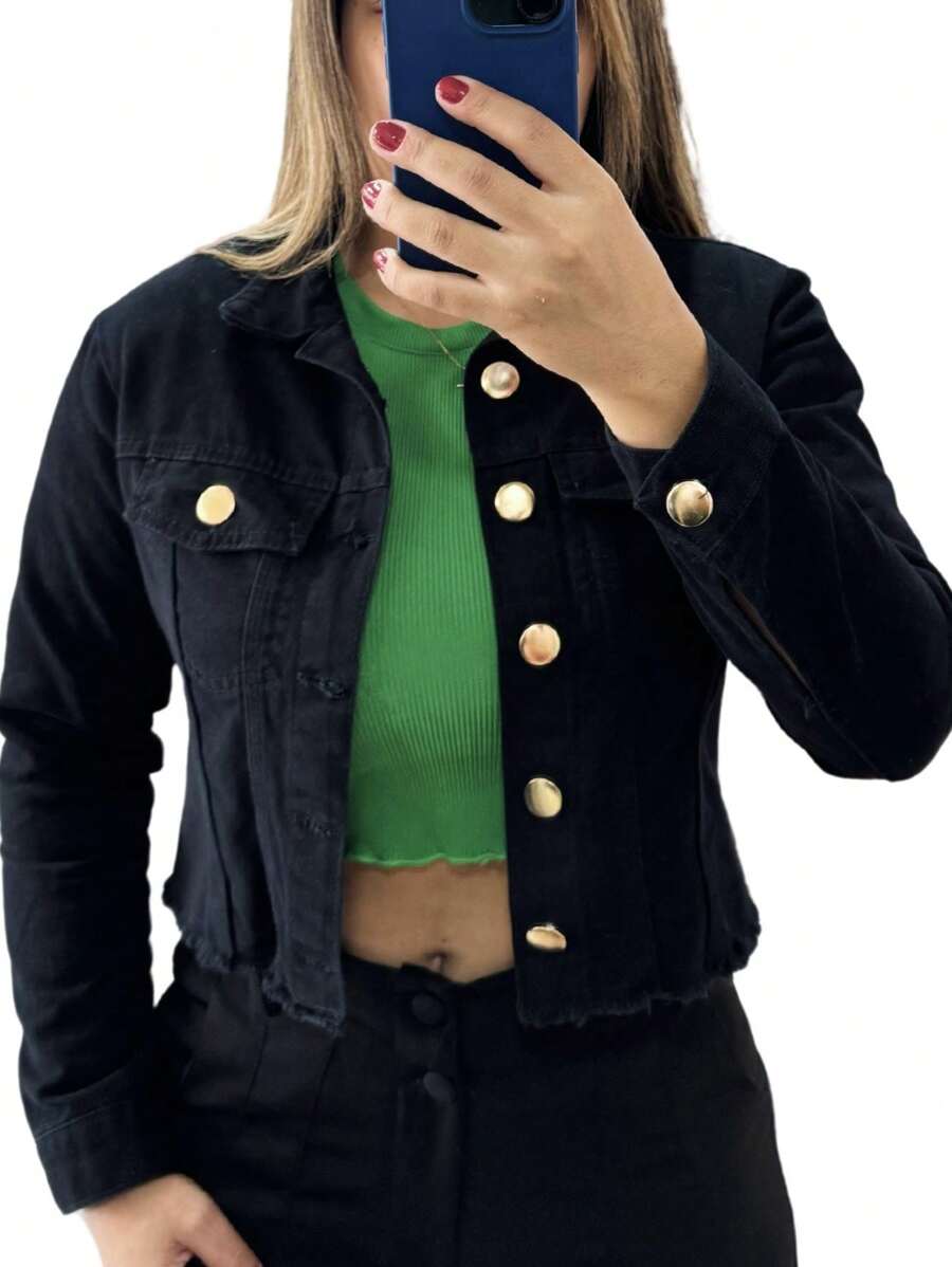 Women's Dark Blue Long Sleeve Frayed Destroyed Denim Jacket - màu đen - Xem 1