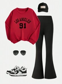 Tween Girl 2 piese Set elegant cu imprimeu alfanumeric casual, la modă, multifuncțional, cu gât rotund, set de cămașă + pantaloni sport cu mâneci lungi, potrivit pentru anotimpurile de primăvară și toamnă, potrivit ca cadou în aer liber pentru fiice