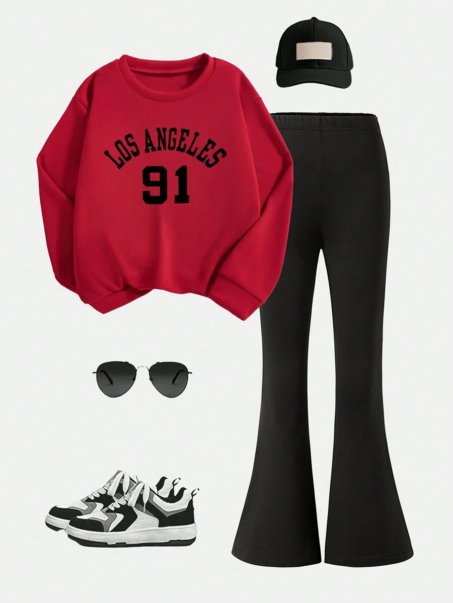 Tween Girl 2 piese Set elegant cu imprimeu alfanumeric casual, la modă, multifuncțional, cu gât rotund, set de cămașă + pantaloni sport cu mâneci lungi, potrivit pentru anotimpurile de primăvară și toamnă, potrivit ca cadou în aer liber pentru fiice