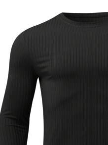 SANOPY Men's Slim Fit Sports Round Neck Elastic Vertical Striped Long-Sleeved T-Shirt Casual Bottoming Top - 黑色 - 查看 5