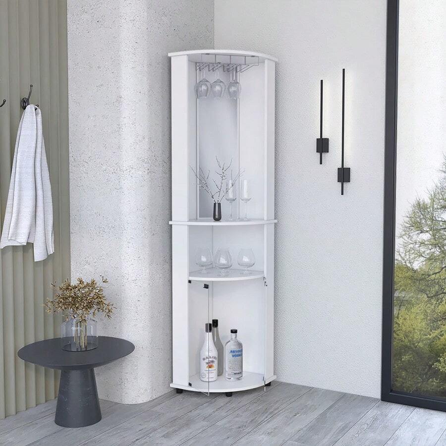 Corner Bar Unit With Wine Glass Rack And Lower White