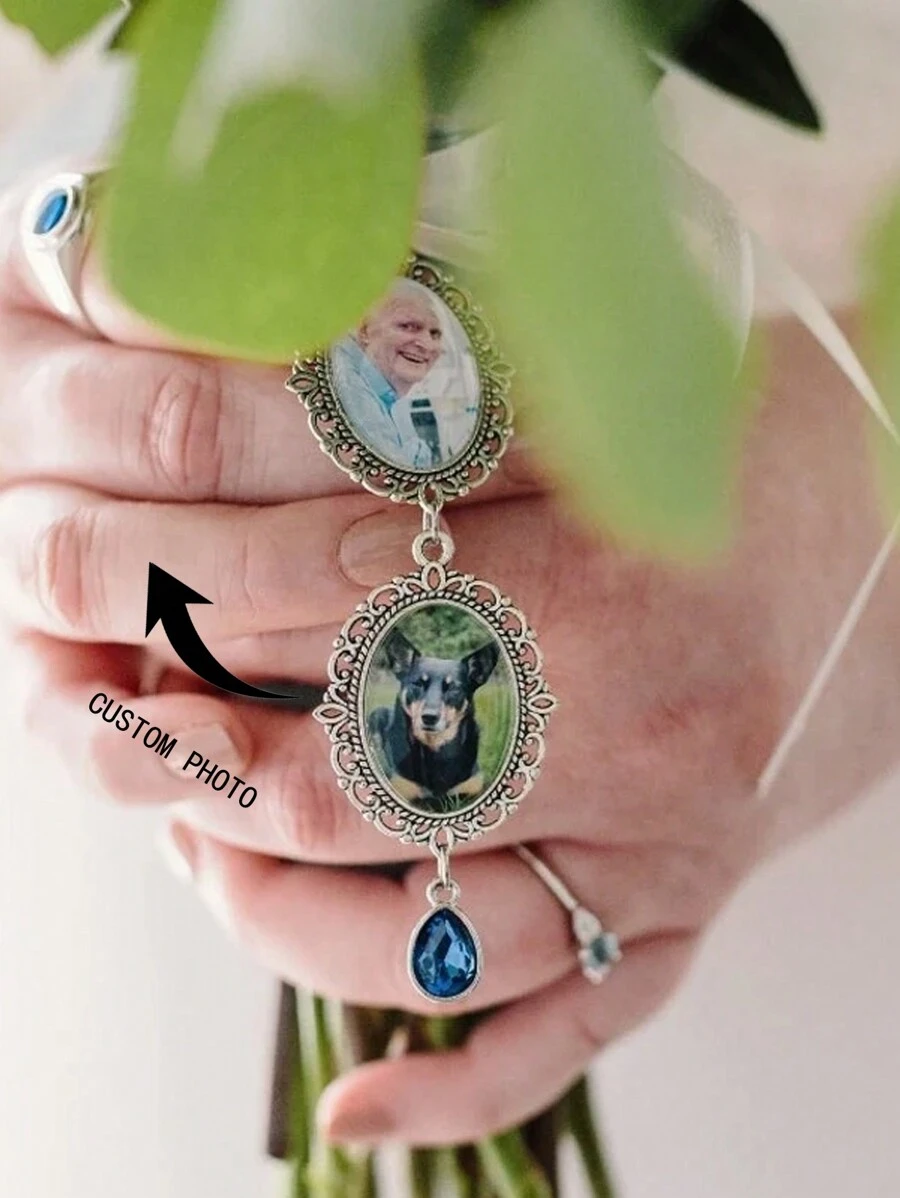 1pc Personalized Blue Teardrop Shaped Photo Bouquet, Bridal Wedding Bouquet Photo Keepsake, Bride Gift, Christmas Gift, Wall Hanging - Antique Silver - View 1