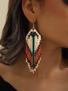 1 Pair Women's Fashion Beaded Earrings, Vintage Boho Style, White Charming Beads, Geometric Pattern Long Tassel, Glass Seed Bead Handmade Braided, Suitable For Daily Wear, Versatile, Gift For Friends And Family - Handmade Beads - View 1