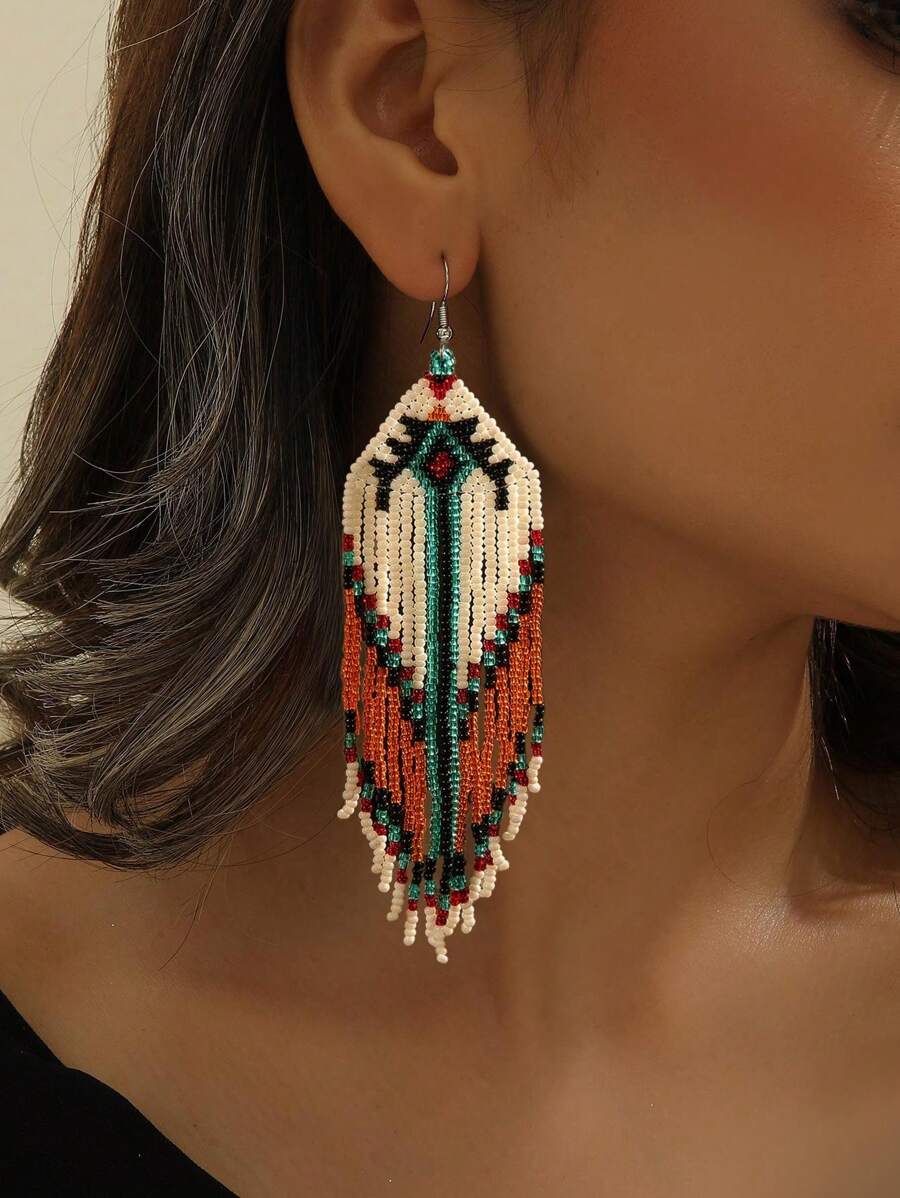 1 Pair Women's Fashion Beaded Earrings, Vintage Boho Style, White Charming Beads, Geometric Pattern Long Tassel, Glass Seed Bead Handmade Braided, Suitable For Daily Wear, Versatile, Gift For Friends And Family - Handmade Beads - View 1