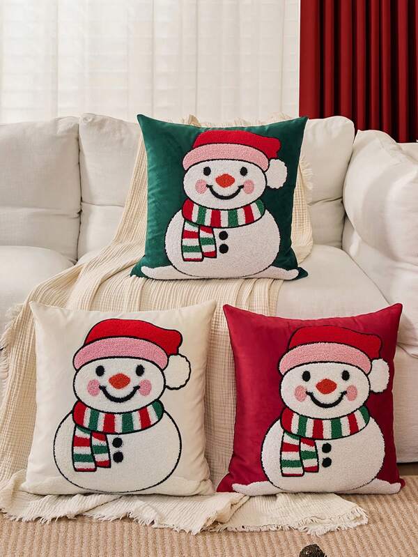 1 pieza Funda de almohada decorativa con muñeco de nieve navideño, copos de nieve, decoración navideña, bordado suave, para decoración de invierno, decoración navideña, decoración del hogar para días festivos, funda de almohada para sofá, decoración de ropa de cama, estilo tradicional, regalo de Navidad, decoración para el cuarto de los niños, regalo de Navidad