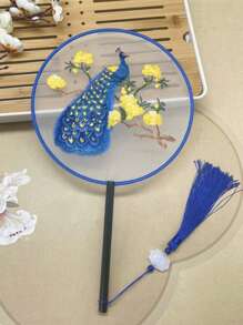 1 Stück vintage Handventilator, chinesischer runder Fächer mit Seide-Stickerei, Kranich-Blumen Heim- und Raumdekoration, Tanzfächer mit Quasten, Party-Requisiten, Weihnachts-, Valentinstags- und Neujahrgeschenk