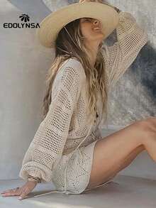 Sexy Deep V-Neck Lace-Up Bell Sleeve Knit Mesh Hollow Out Beach Mini Dress Swimsuit Cover Up Women Summer Casual Tunic