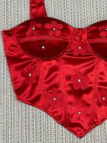 PLADA Cropped Top With Flower And Star Decoration On The Front, Tie At The Back, With Cups, Fabric With Little Reflective, Size M Fits 38-42 - Đỏ - Xem 2