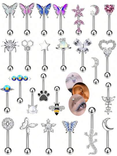 1pc Fashionable Cubic Zirconia Embellished Flower, Butterfly, Heart, Spider, Bee Shape Eyebrow Nose Studs, Suitable For Daily Wear For Women Valentines