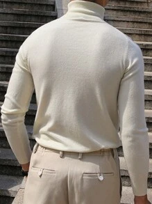 男士纯色休闲高领长袖套头毛衣，适合秋冬 - 杏色 - 查看 2