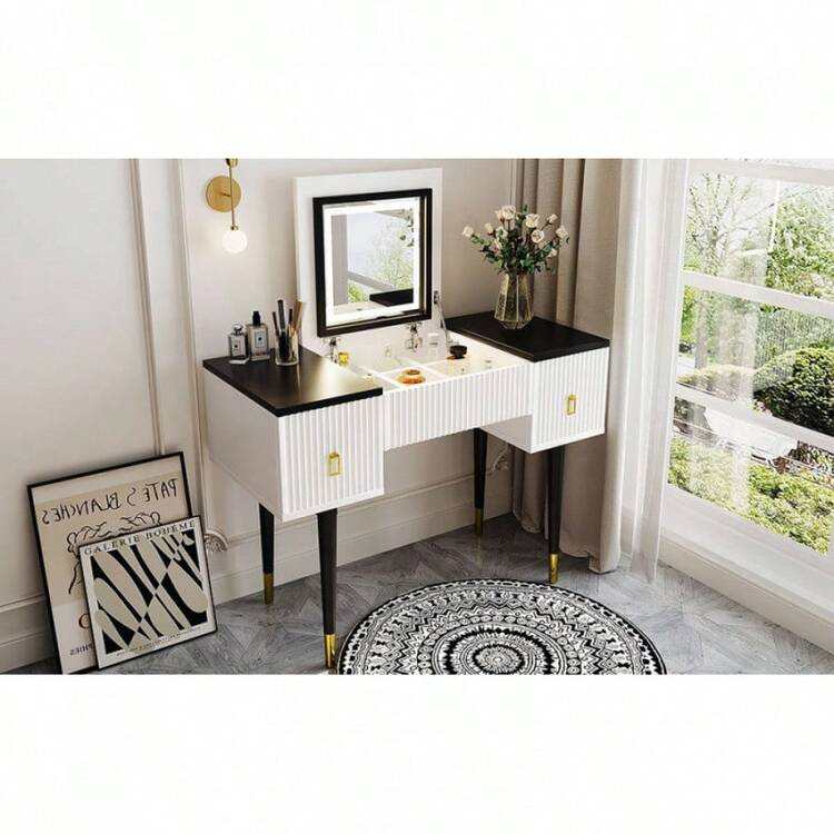 43.3" Modern Vanity Table Set With Flip-Top Mirror And LED Light, Dressing Table With Customizable Storage, White And Black - 黑色 - 查看 5