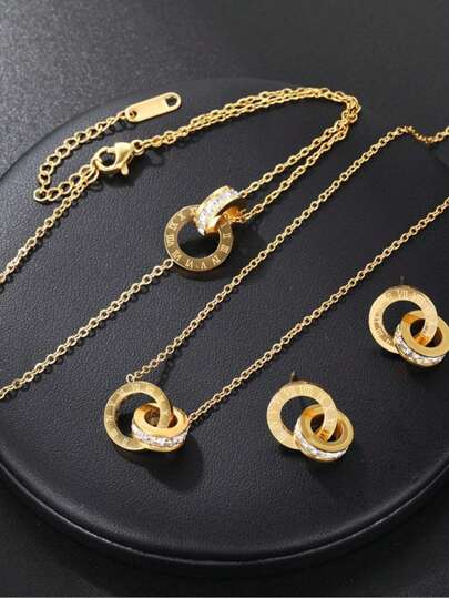 3pcs/Set Fashion Stainless Steel Cubic Zirconia Detail Double Ring Pendant Necklace & Drop Earrings Jewelry Set For Women For Party