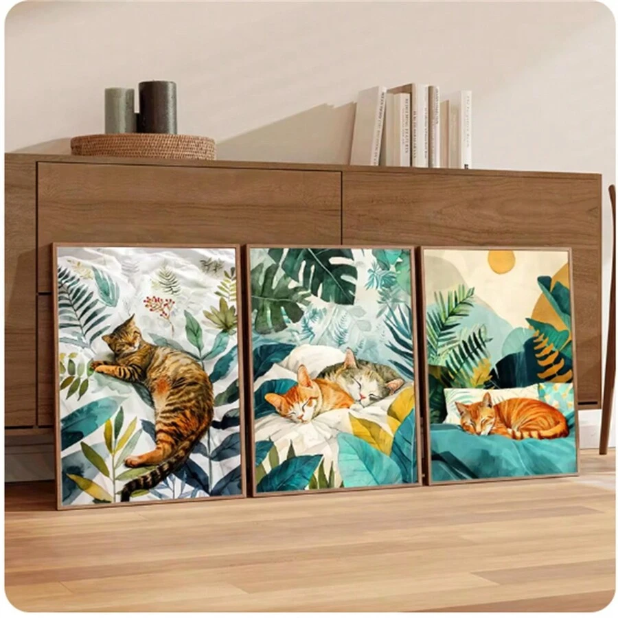 3 tấm áp phích nghệ thuật in vải canvas hiện đại phong cách Bắc Âu và tranh vẽ mèo dễ thương trừu tượng nghệ thuật treo tường cho phòng khách trang trí nhà không có khung - Nhiều màu - Xem 1