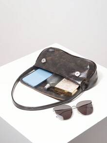 1 件复古合成皮革长棍腋下包，翻盖单肩包，亮面皮革手提包，时尚纯色包，适合通勤、聚会、工作（图案随机） - 咖啡棕 - 查看 7